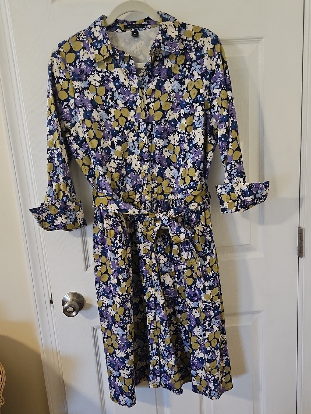 Lands' End Blue, Olive and White Floral Shirt Dress with Waist Tie